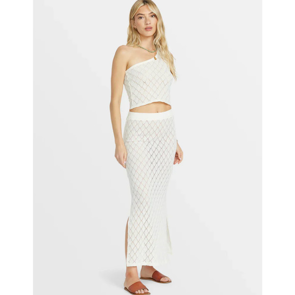Billabong Midi Skirt M White Crochet Open Knit Semi Sheer Pull On Coverup Beach - Picture 16 of 16